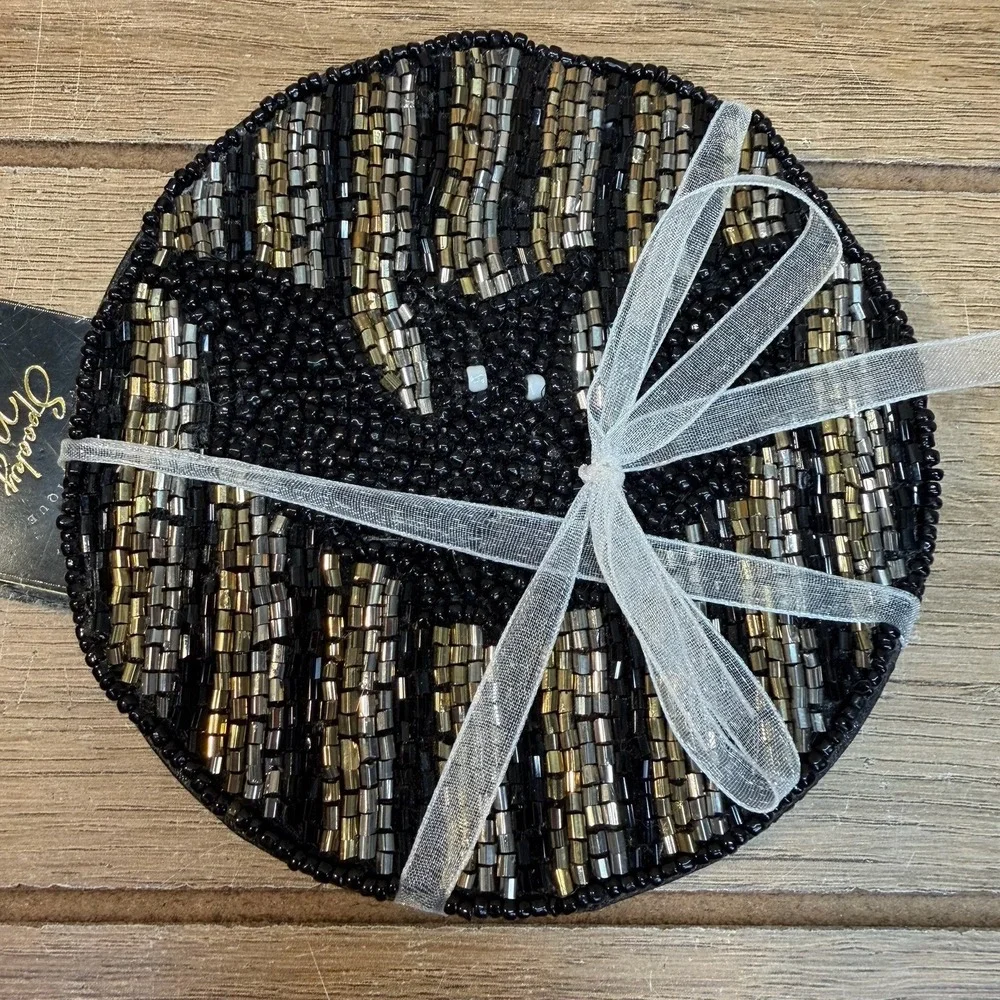 Set Of 4 Authentique Spooky Night Beaded Bat Halloween Coasters Holiday Goth NWT
